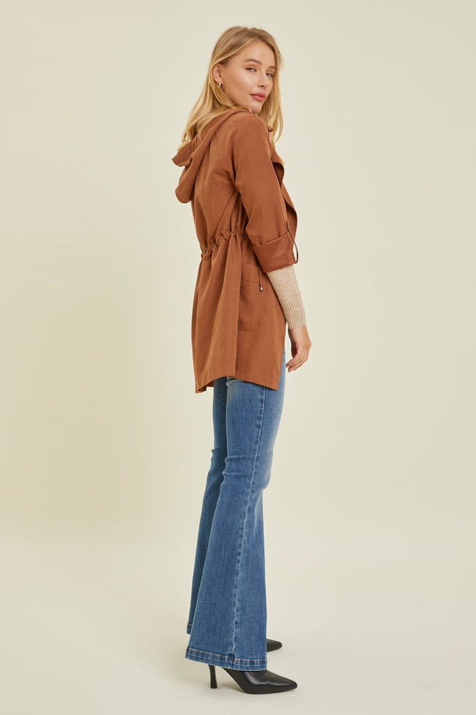 Long Hooded Peachskin Jacket - Caramel