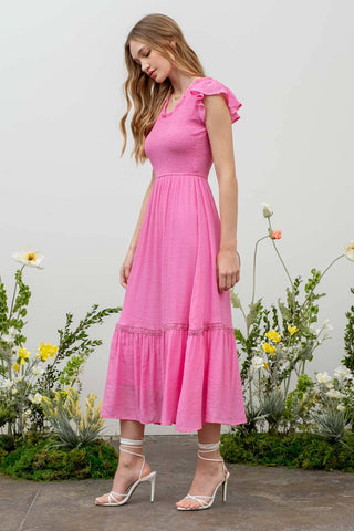 Scoop Neck Smocked Midi Dress - Pink