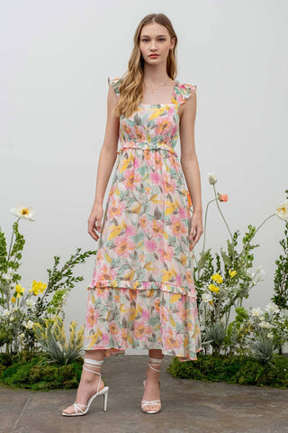 Watercolor Floral Midi Dress - Ivory Multi