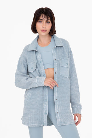 Waffle Knit Button Down Jacket - Blue