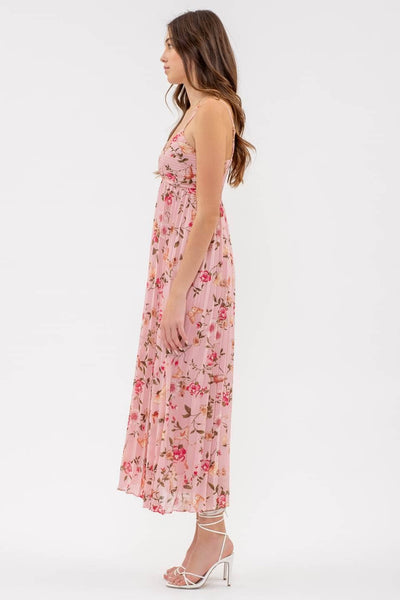 Pleated Floral Print Midi Dress - Pink