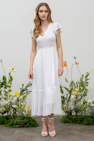 Scoop Neck Smocked Midi Dress - White