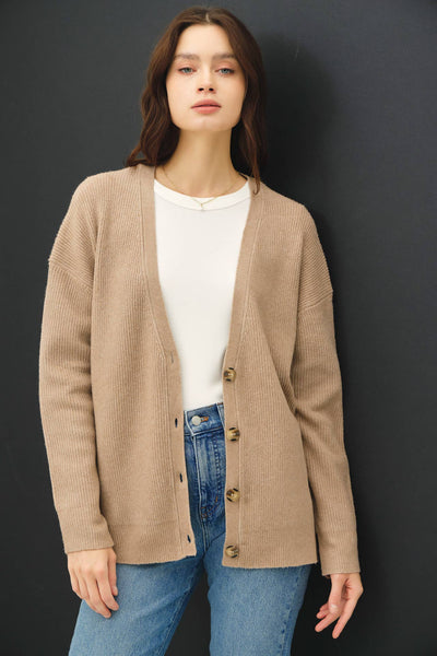 V-Neck Ribbed Cardigan - Mocha