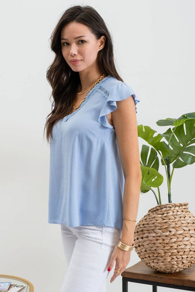 Lace Ruffle Sleeve Top - Chambray