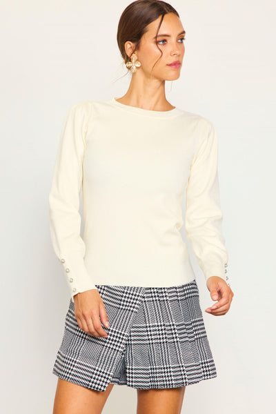 Jewel Button Sleeve Sweater - Off White