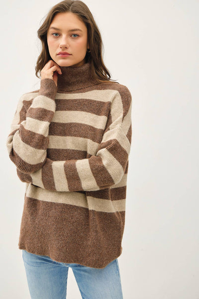 Wide Stripe Turtle Neck Sweater - Cocoa
