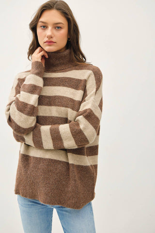 Wide Stripe Turtle Neck Sweater - Cocoa