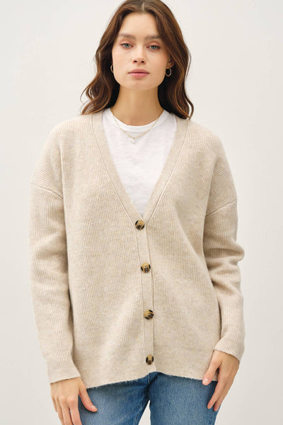 V-Neck Ribbed Cardigan  - Oatmeal