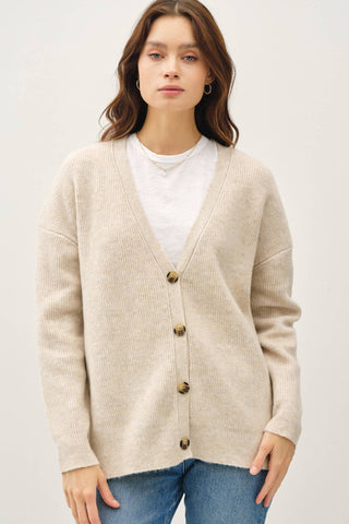 V-Neck Ribbed Cardigan  - Oatmeal