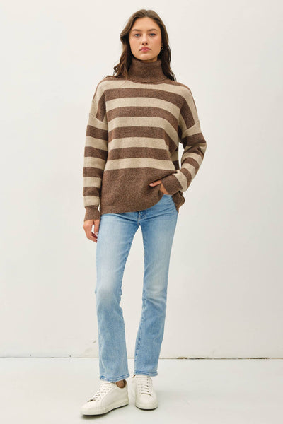 Wide Stripe Turtle Neck Sweater - Cocoa