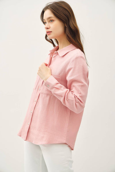 COTTON GAUZE LONG SLEEVE BUTTON UP SHIRT