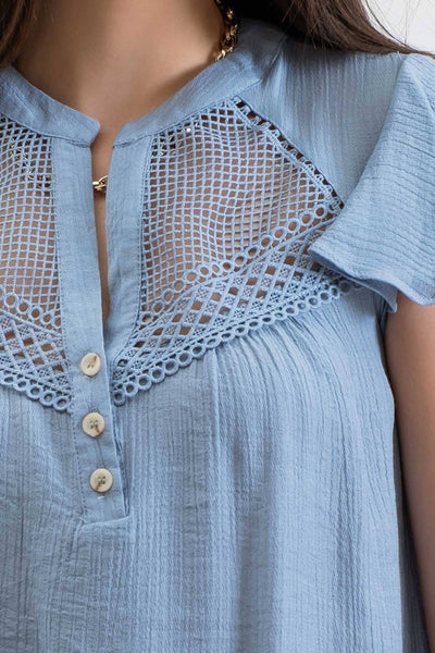 Lace Button Down Blouse - Blue