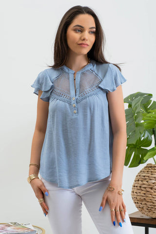 Lace Button Down Blouse - Blue