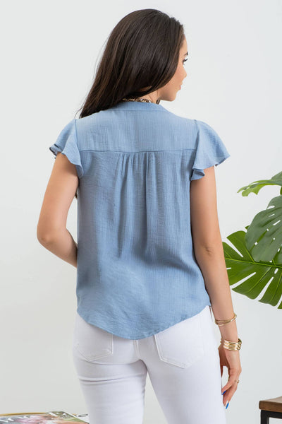 Lace Button Down Blouse - Blue