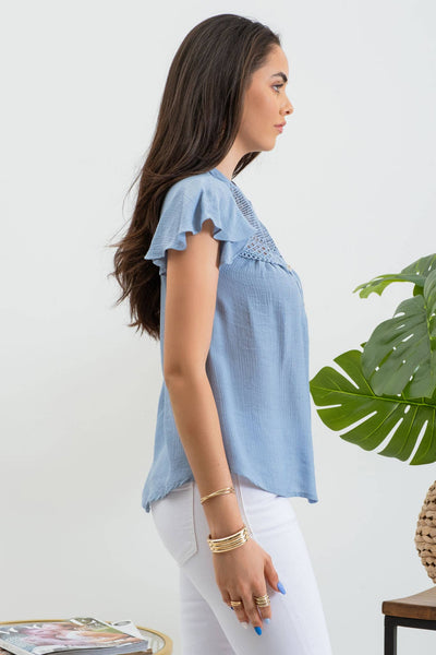 Lace Button Down Blouse - Blue