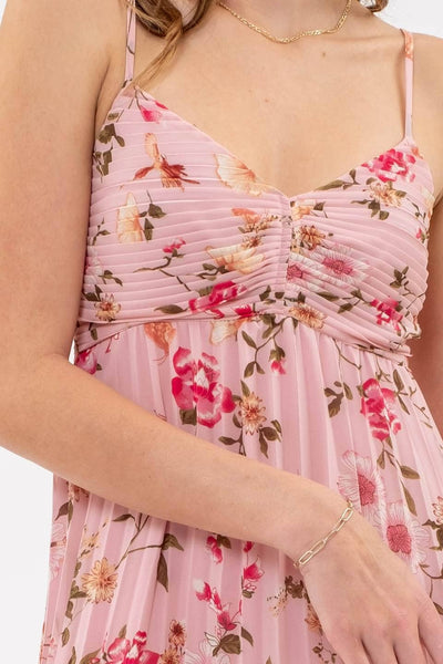 Pleated Floral Print Midi Dress - Pink