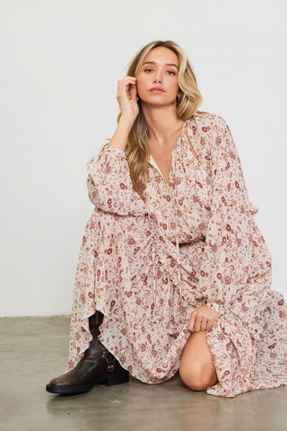 Floral Print Split Neck Dress - Ivory/Rust