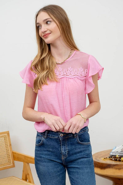 Mesh Ruffle Sleeve Blouse - Pink