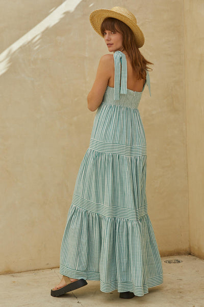 Square Neck Striped Maxi Dress - Green