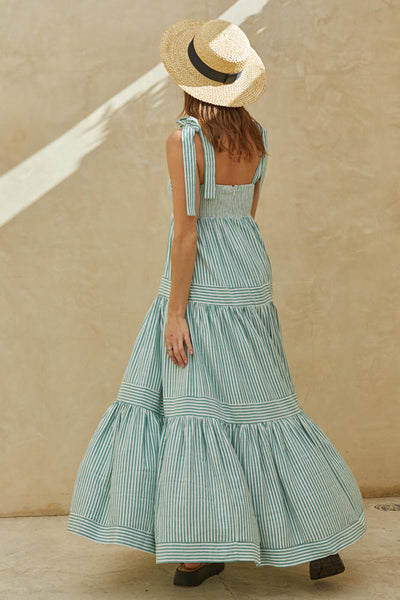 Square Neck Striped Maxi Dress - Green