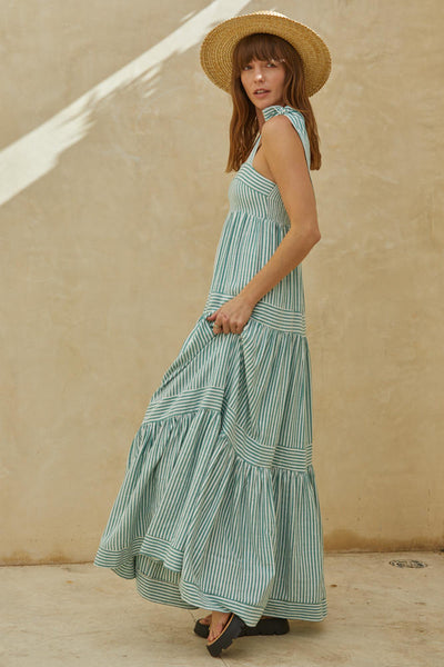 Square Neck Striped Maxi Dress - Green