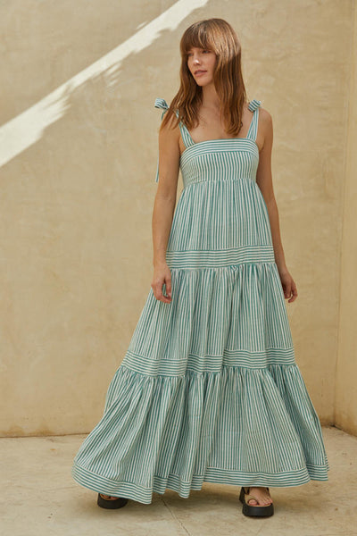 Square Neck Striped Maxi Dress - Green