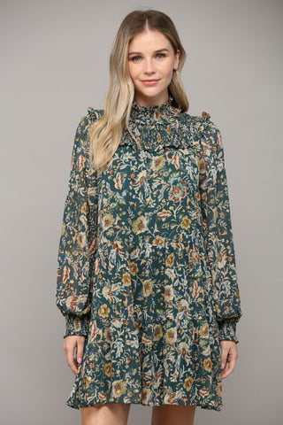 High Smocked Neck Floral Dress - Green