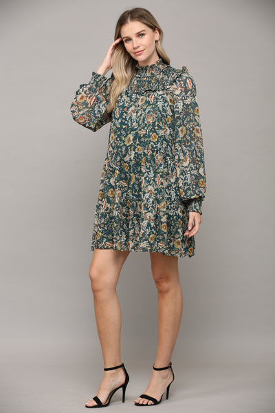 High Smocked Neck Floral Dress - Green
