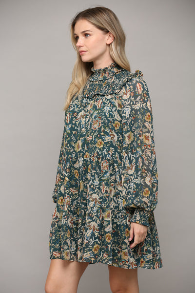 High Smocked Neck Floral Dress - Green