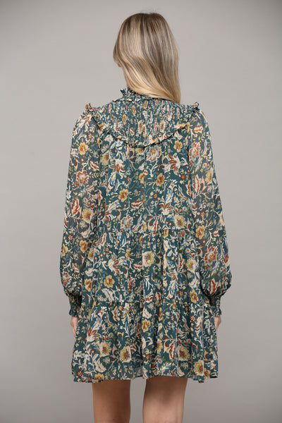 High Smocked Neck Floral Dress - Green