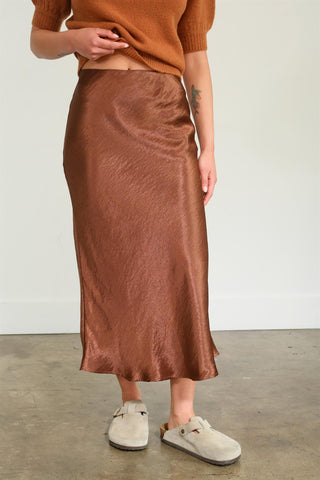 High Waisted Satin Midi Skirt - Chestnut
