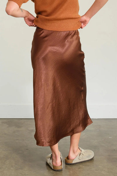 High Waisted Satin Midi Skirt - Chestnut