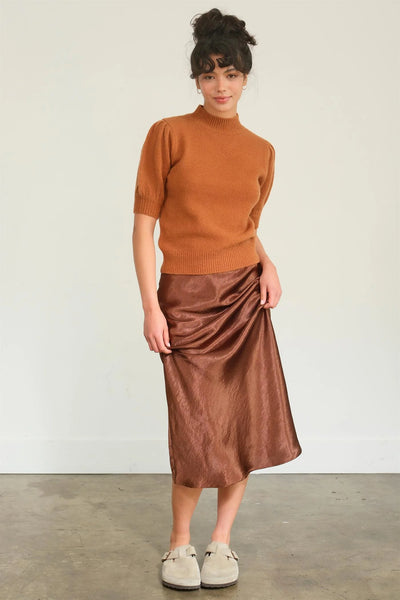 High Waisted Satin Midi Skirt - Chestnut