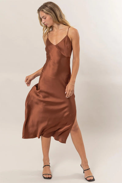 V-Neck Satin Midi Dress - Chocolate