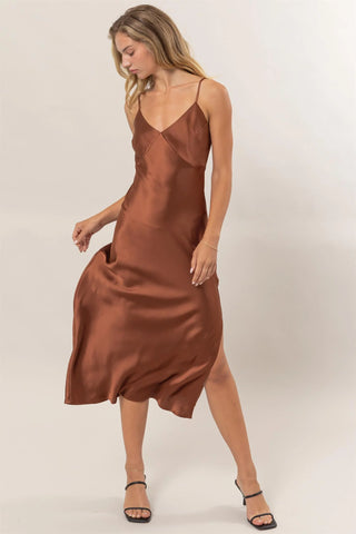 V-Neck Satin Midi Dress - Chocolate