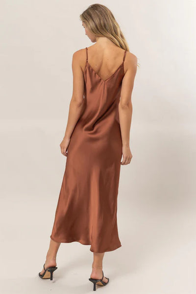 V-Neck Satin Midi Dress - Chocolate
