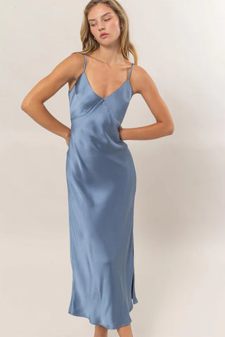V-Neck Satin Midi Dress - Gray Blue
