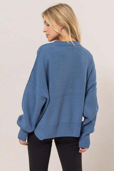 Crew Neck Seam Sweater - Gray Blue