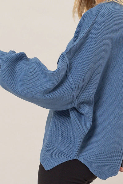 Crew Neck Seam Sweater - Gray Blue