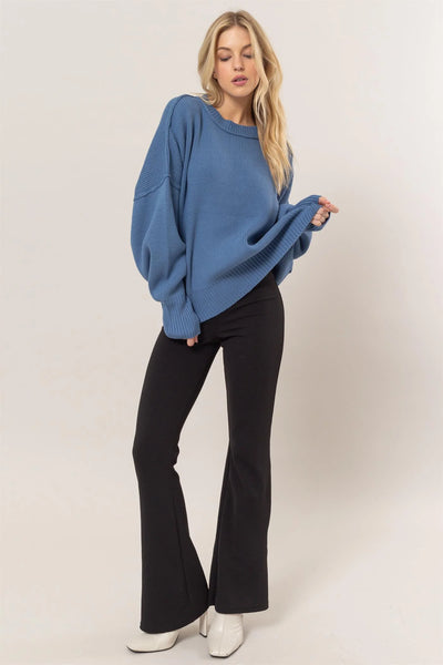 Crew Neck Seam Sweater - Gray Blue