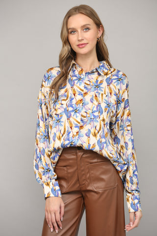 Floral Print Button Down Shirt - Blue