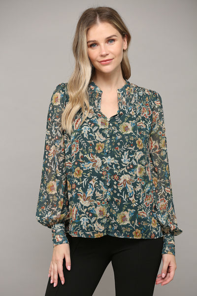Floral Print Smocked Blouse - Green