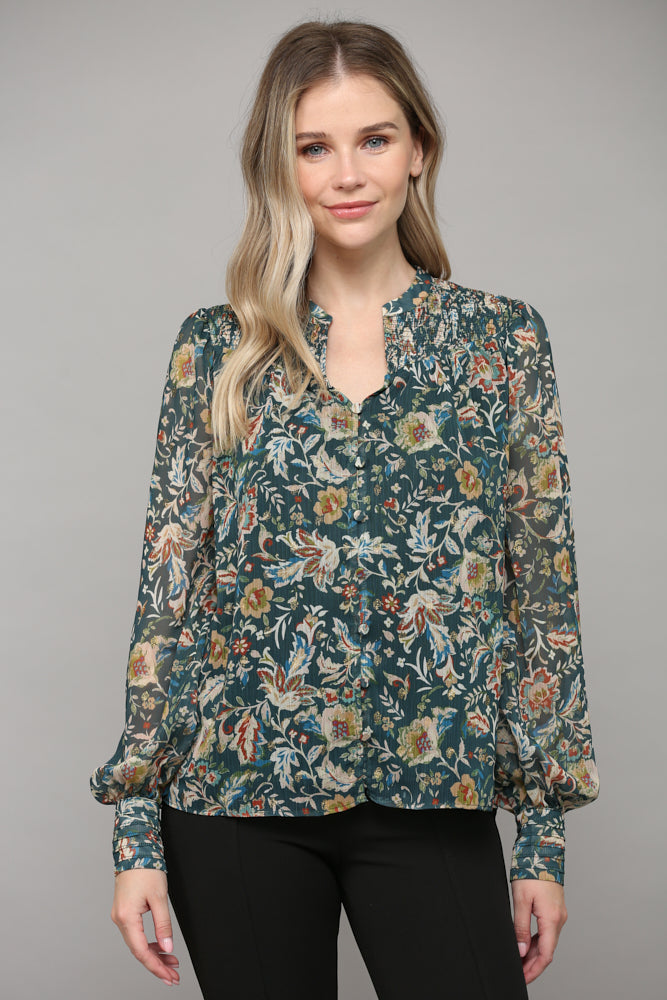 Floral Print Smocked Blouse - Green