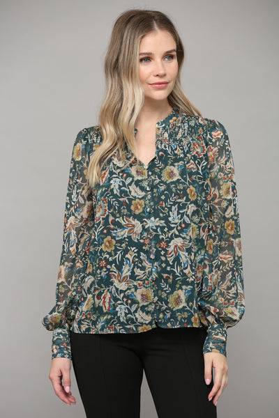 Floral Print Smocked Blouse - Green