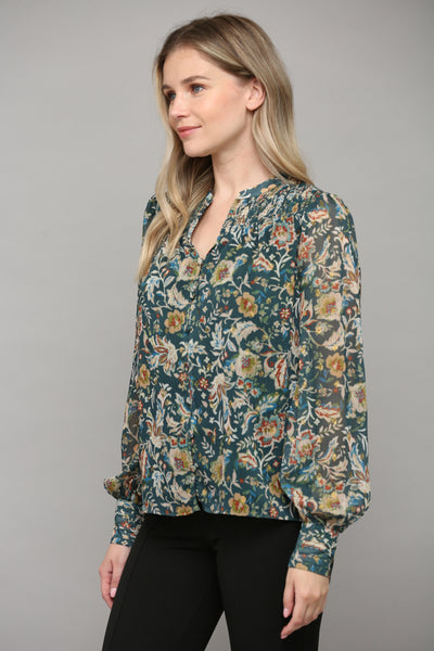 Floral Print Smocked Blouse - Green