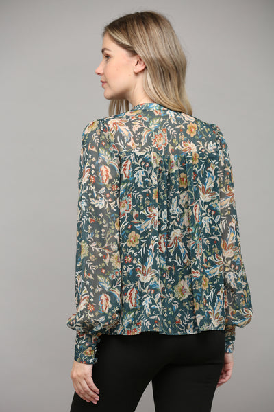 Floral Print Smocked Blouse - Green