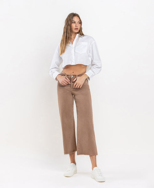 High Rise Crop Wide Leg Jeans - Choc Malt