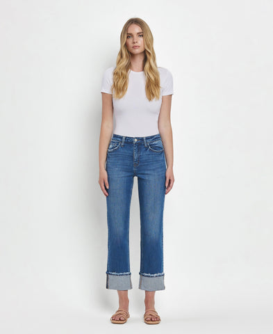 High Rise Cuffed Straight Jeans