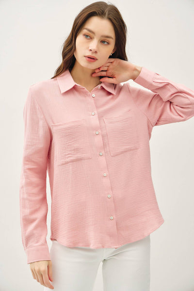 COTTON GAUZE LONG SLEEVE BUTTON UP SHIRT