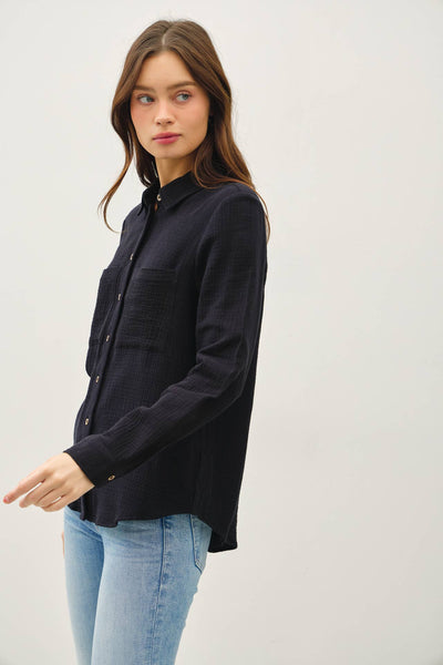 COTTON GAUZE LONG SLEEVE BUTTON UP SHIRT